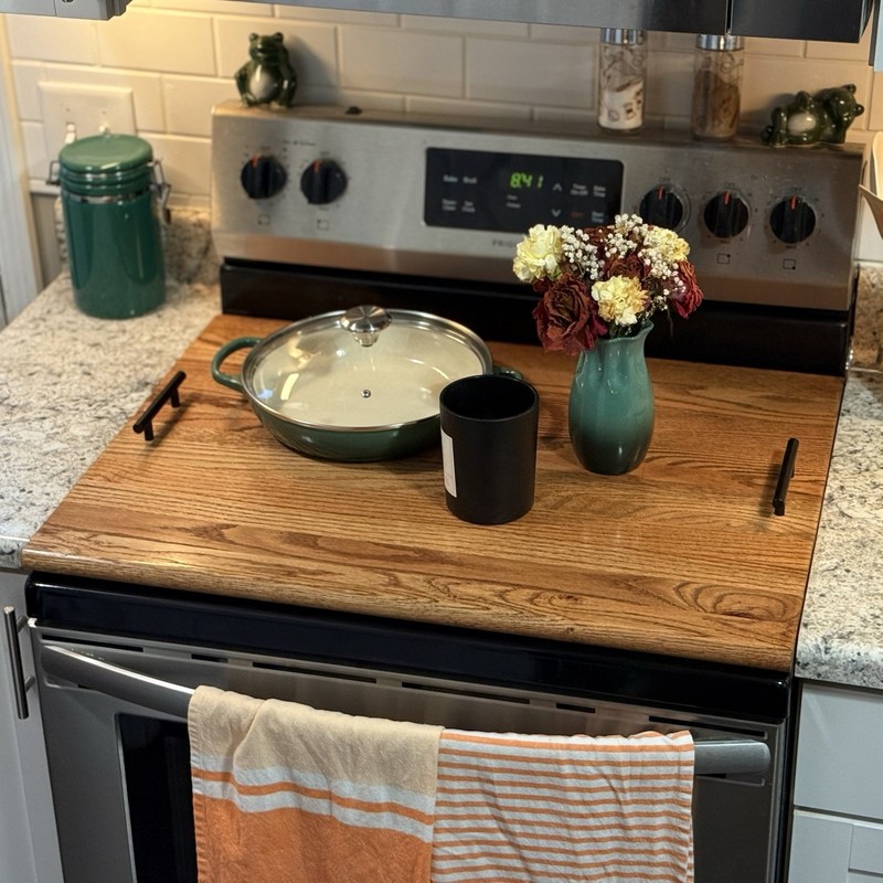 Solid Red Oak Stove Top Cover – Custom Fit Stove Top Board with Black Handles gallery