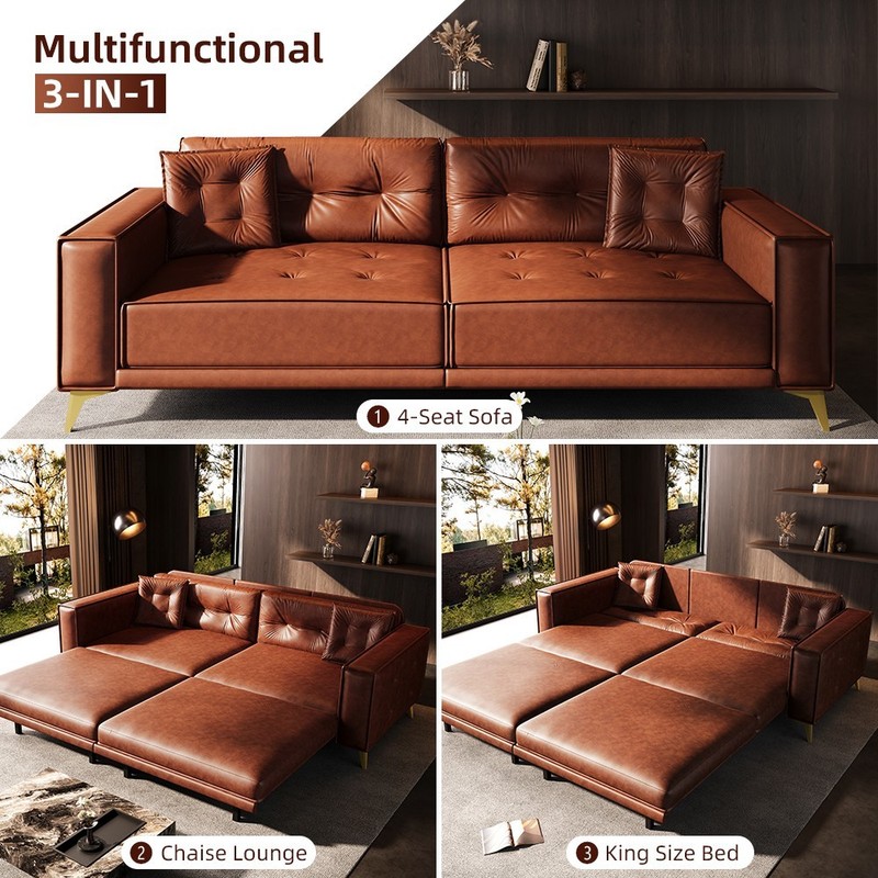 Faux Leather Convertible Pull Out Sofa Bed Tufted Sleeper Couch With Square Arm gallery
