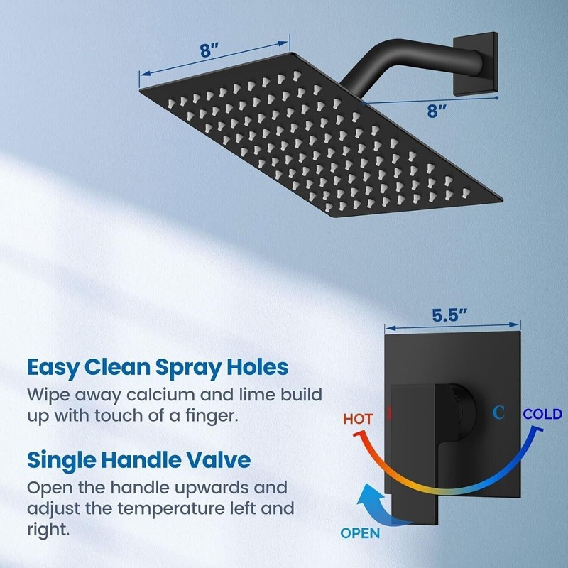 8" Rainfall Shower Head Combo System with Mixer Valve Kit Shower Faucet Black gallery
