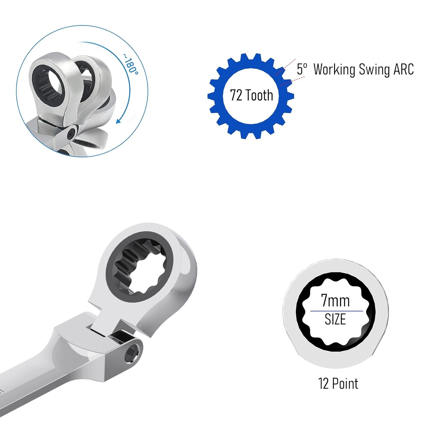 7mm Ratcheting Combination Wrench Flex Head Stubby Anti-slip 72 Teeth 12 Point gallery