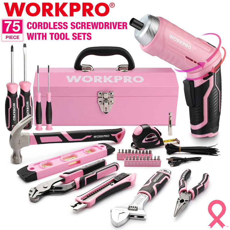 WORKPRO 75PIECES Pink Tools Set 3.7V Rotatable Cordless Screwdriver Tool Kit NEW gallery