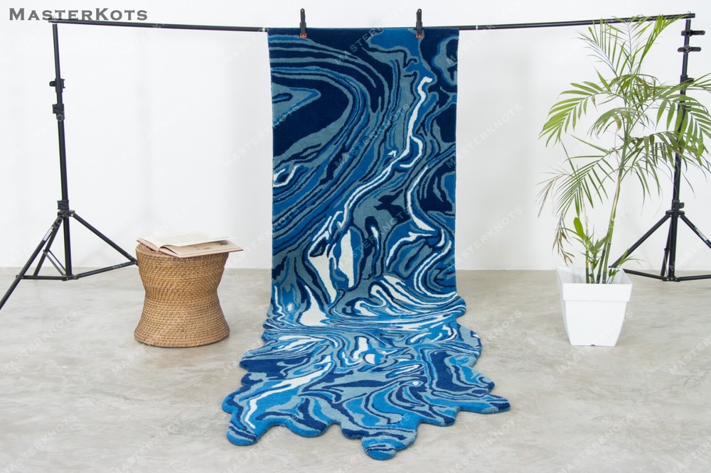 Melting Blue Irregular Shape Runner, Hand-Tufted 100% Wool Soft Area Rug