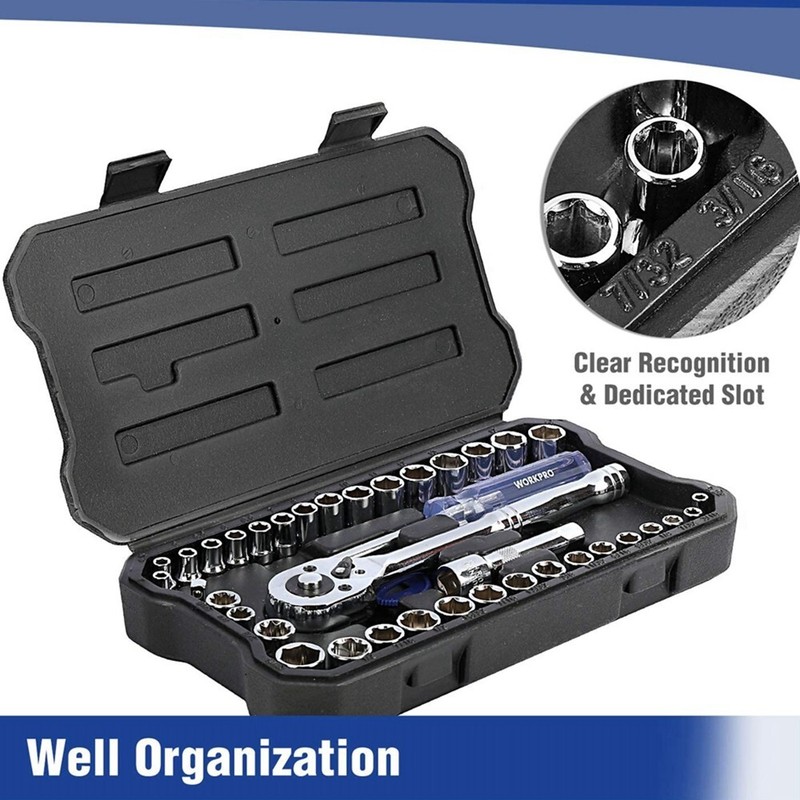 WORKPRO 39PCS 1/4" 3/8" Drive Socket Set Socket Wrench Set Metric SAE With Case gallery
