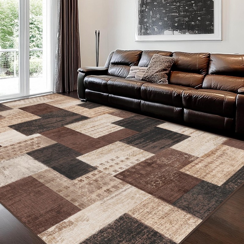 QDUIDU Modern Geometric Patchwork Area Rug, Chocolate, 6'x9' gallery