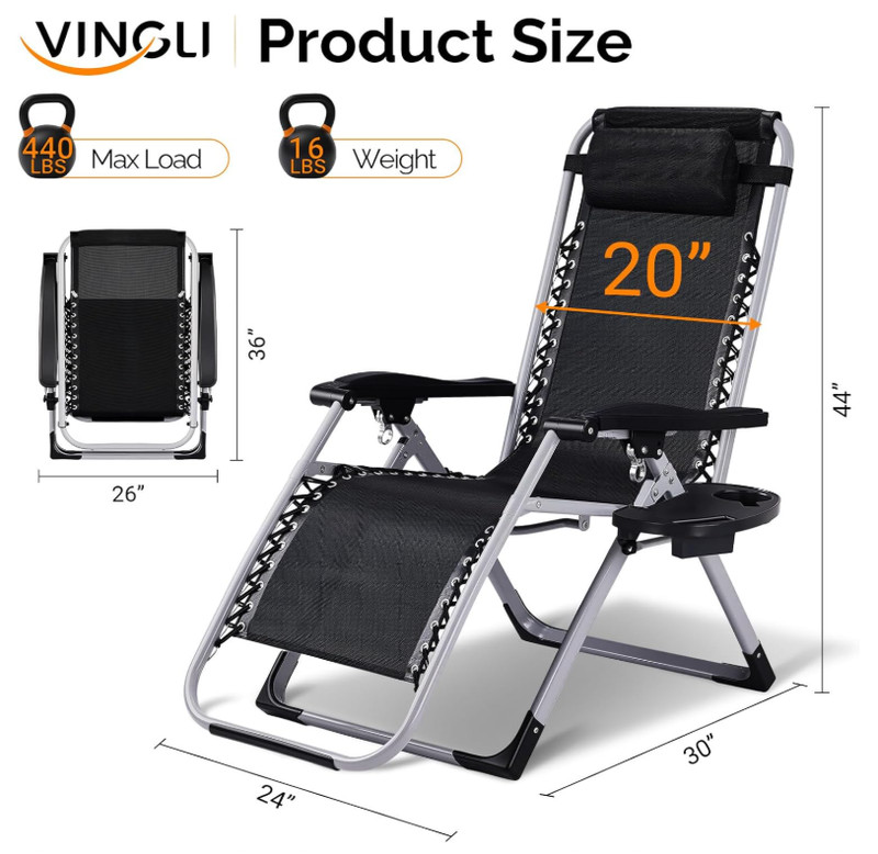 VINGLI Padded Zero Gravity Chair, Lounge Chair with Removable Cushion & Tray gallery