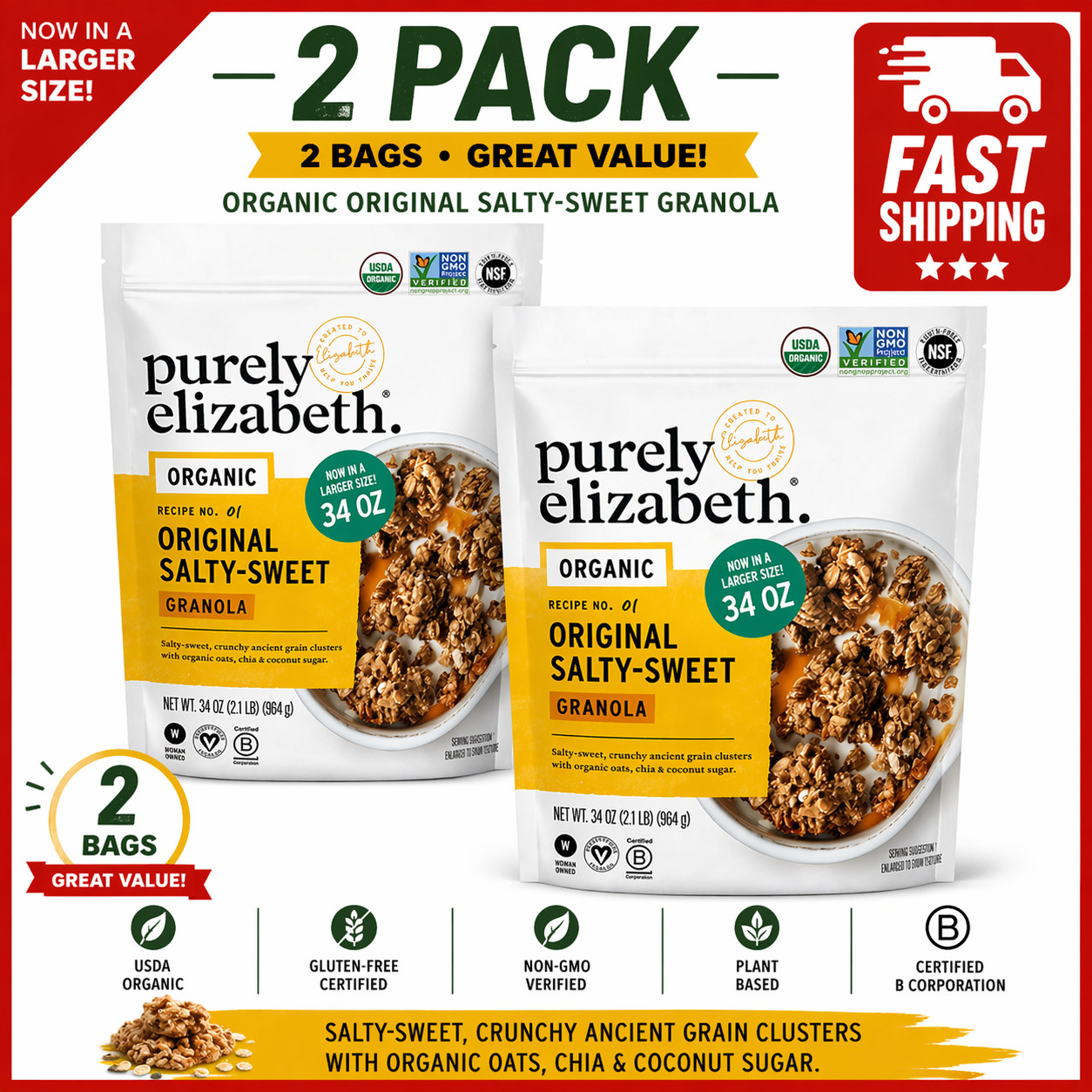 2PACK Purely Elizabeth Organic Original Salty-Sweet Granola 34oz USDA Organic gallery