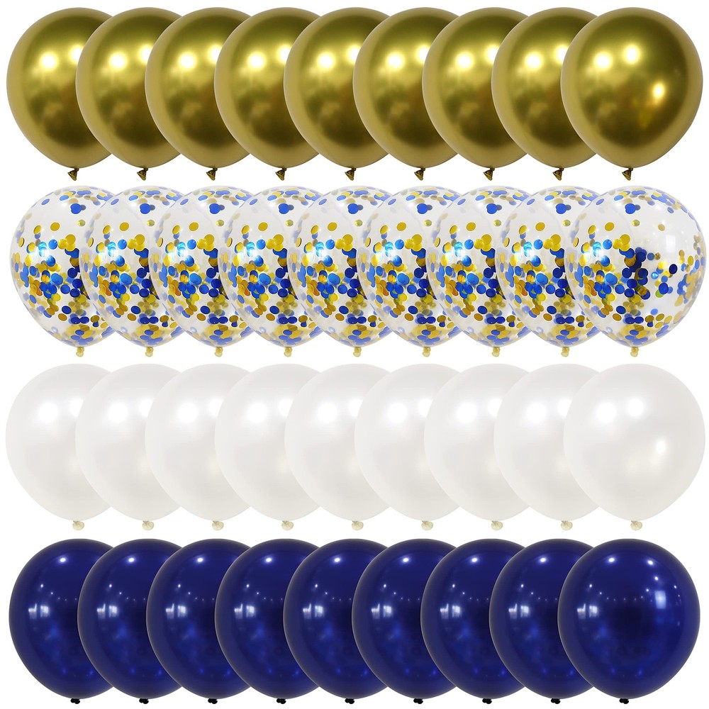 100pcs Royal Blue Chrome Metallic Balloons Set, 12 Inch White Gold and Blue, ...