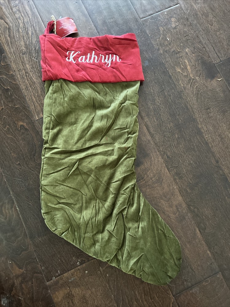 NWT Pottery Barn Classic Large Green Red Velvet Christmas Stocking Mono Kathryn