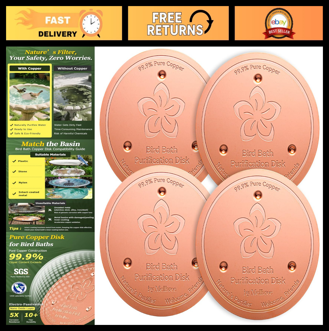 4-Pack Copper Bird Bath Cleaning Disks, 0.6mm Reinforced, Pure Copper, All-Seaso gallery