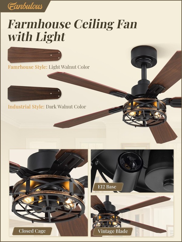 2 Pack 42 Inch Rustic Caged Ceiling Fan with Lights, Black Farmhouse Ceiling ... gallery