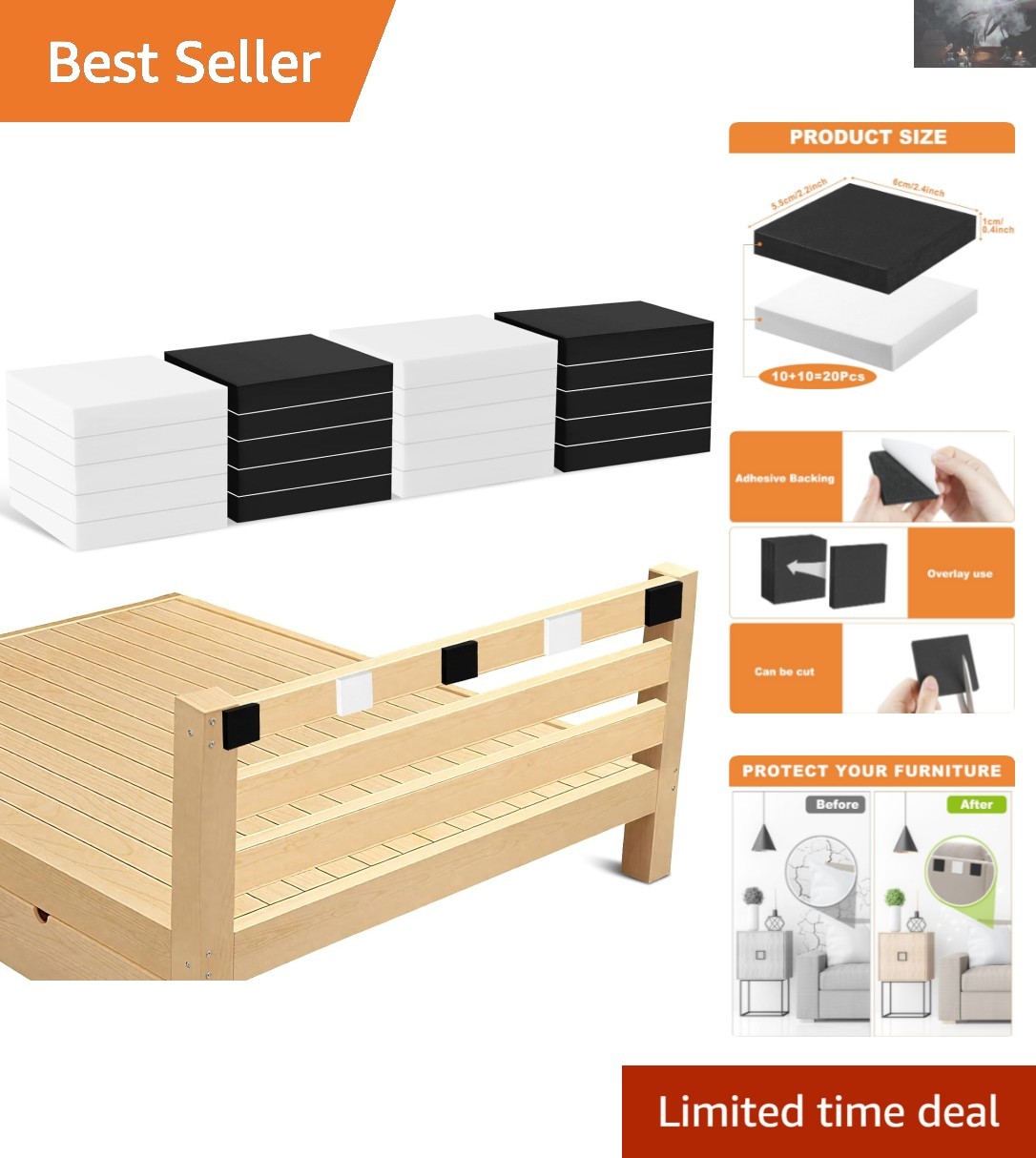 Square EVA Headboard Bumpers - Squeak Resistant Wall Protectors in Black & White gallery