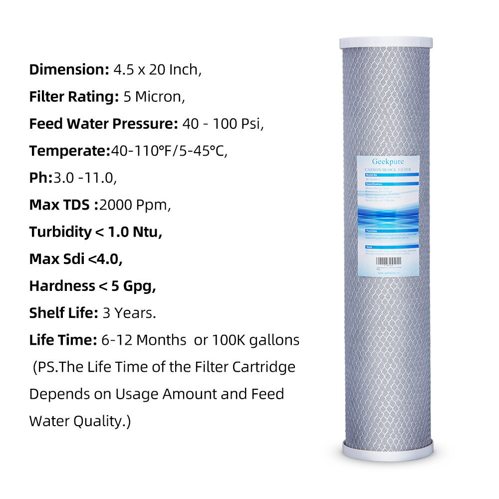 Geekpure Carbon Block Whole House Replacement Water Filter 20" x 4.5"- Pack 4 gallery
