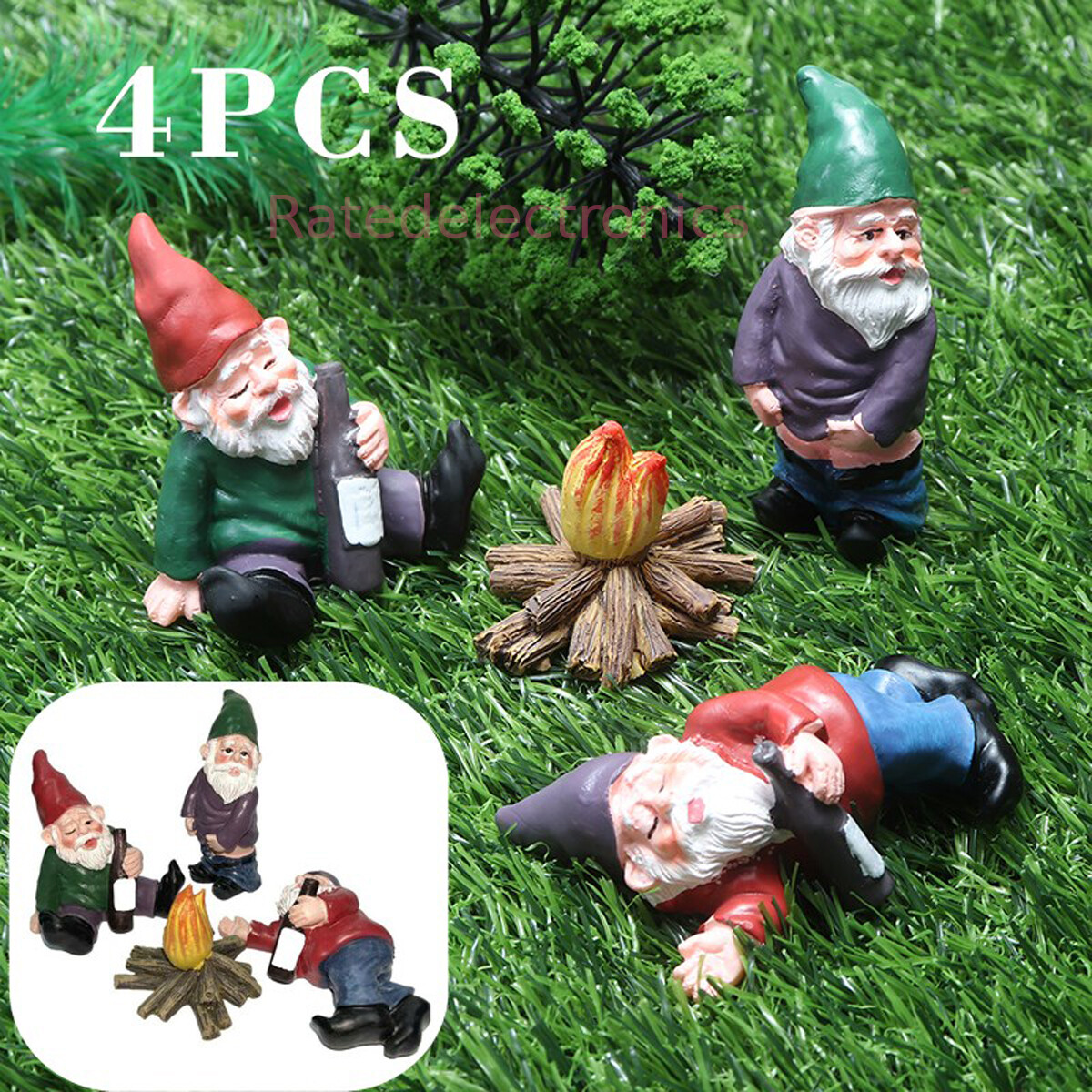 4PCS Fairy Garden Gnomes Accessories Funny Drunk Gnome Dwarfs Garden Ornament US gallery