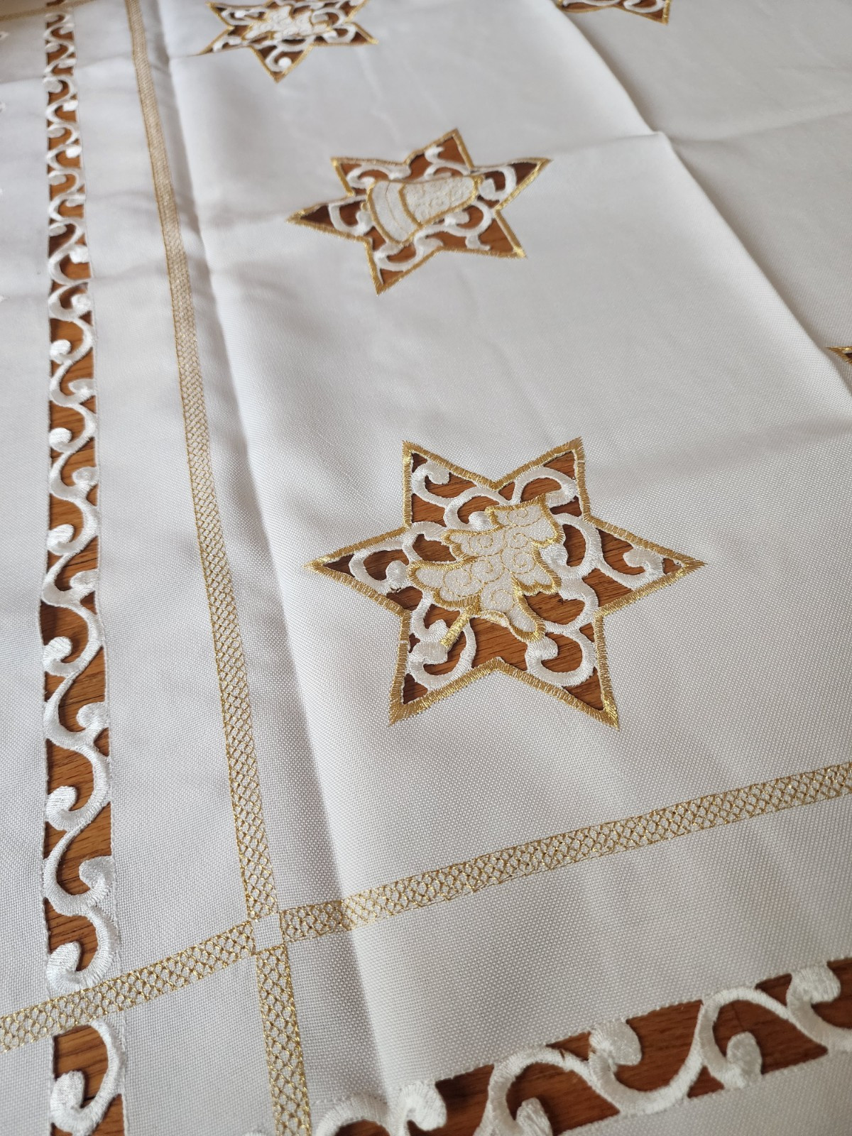 German Embroidered Christmas Tablecloth 33 x 33 inches Stars, Bells, Trees gallery