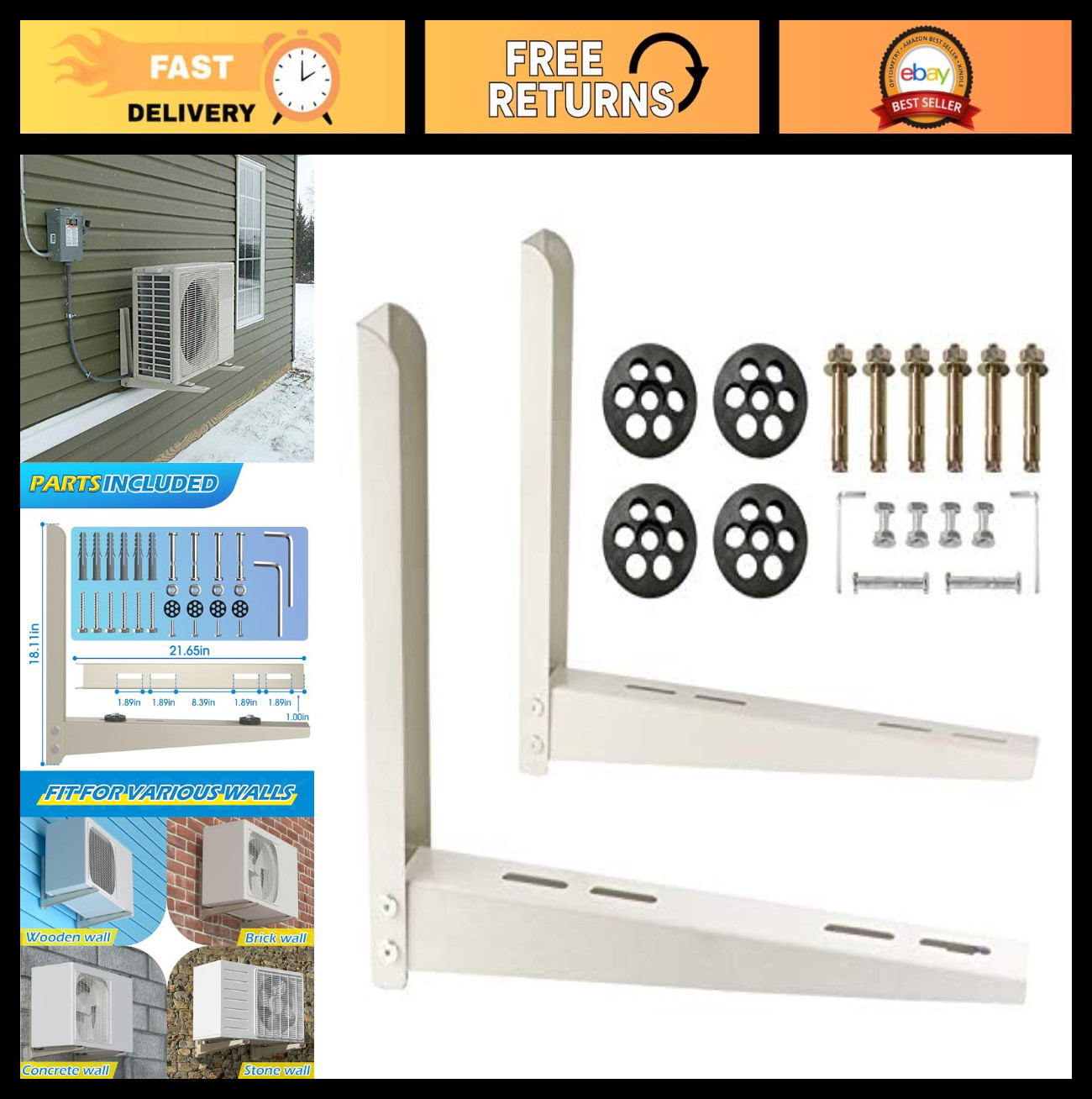 Heavy Duty Mini Split Wall Mount Bracket for 9000-24000 BTU AC Units, 485 LBS Ca gallery