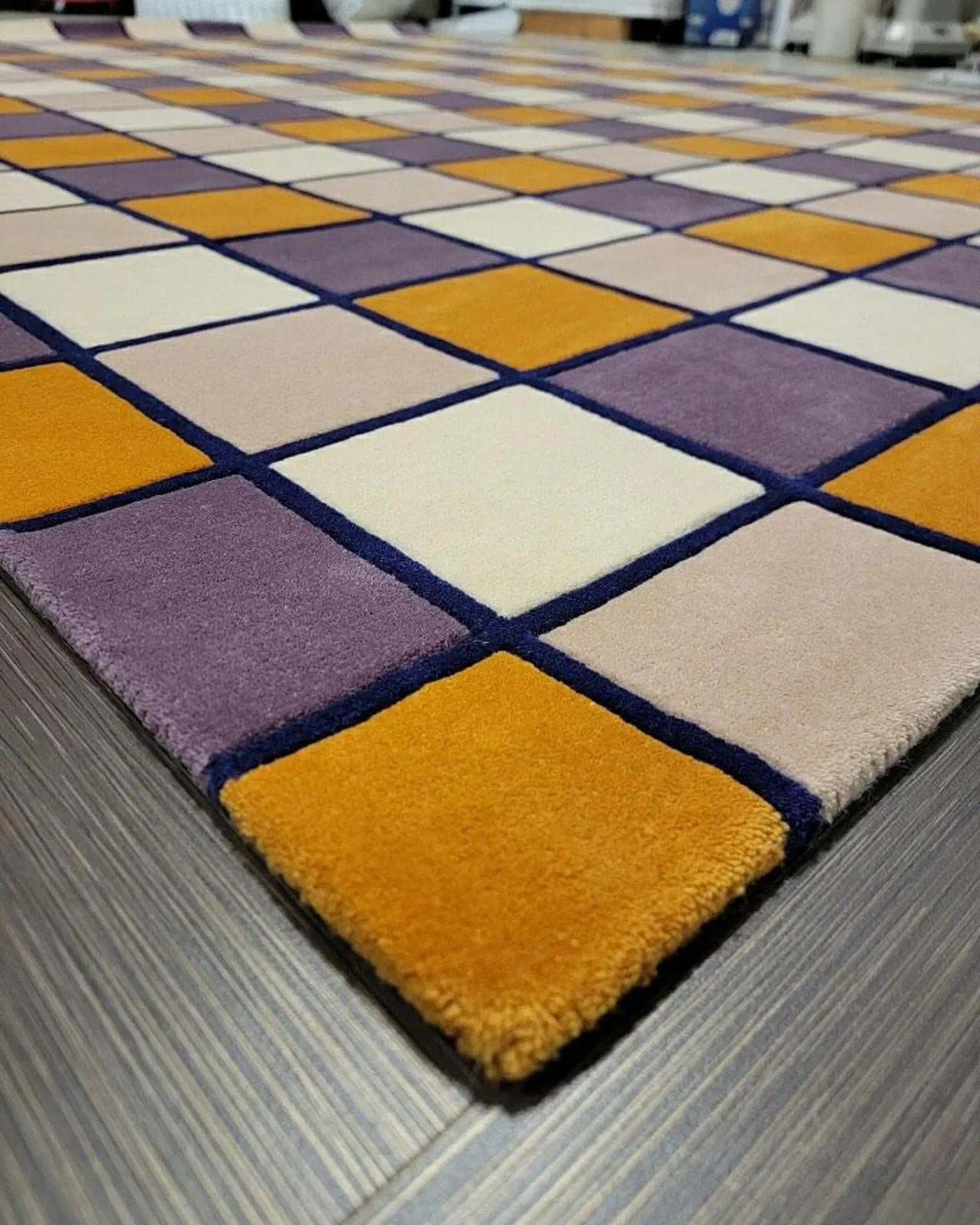 Hand Tufted NZ Wool Rug – Modern Checkerboard Geometric Carpet | Mustard, Beige gallery