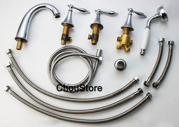 Wide Spread Deck Mount Bathroom Bathtub Faucet Tub Mixer Tap 5PC Hand Shower Set gallery