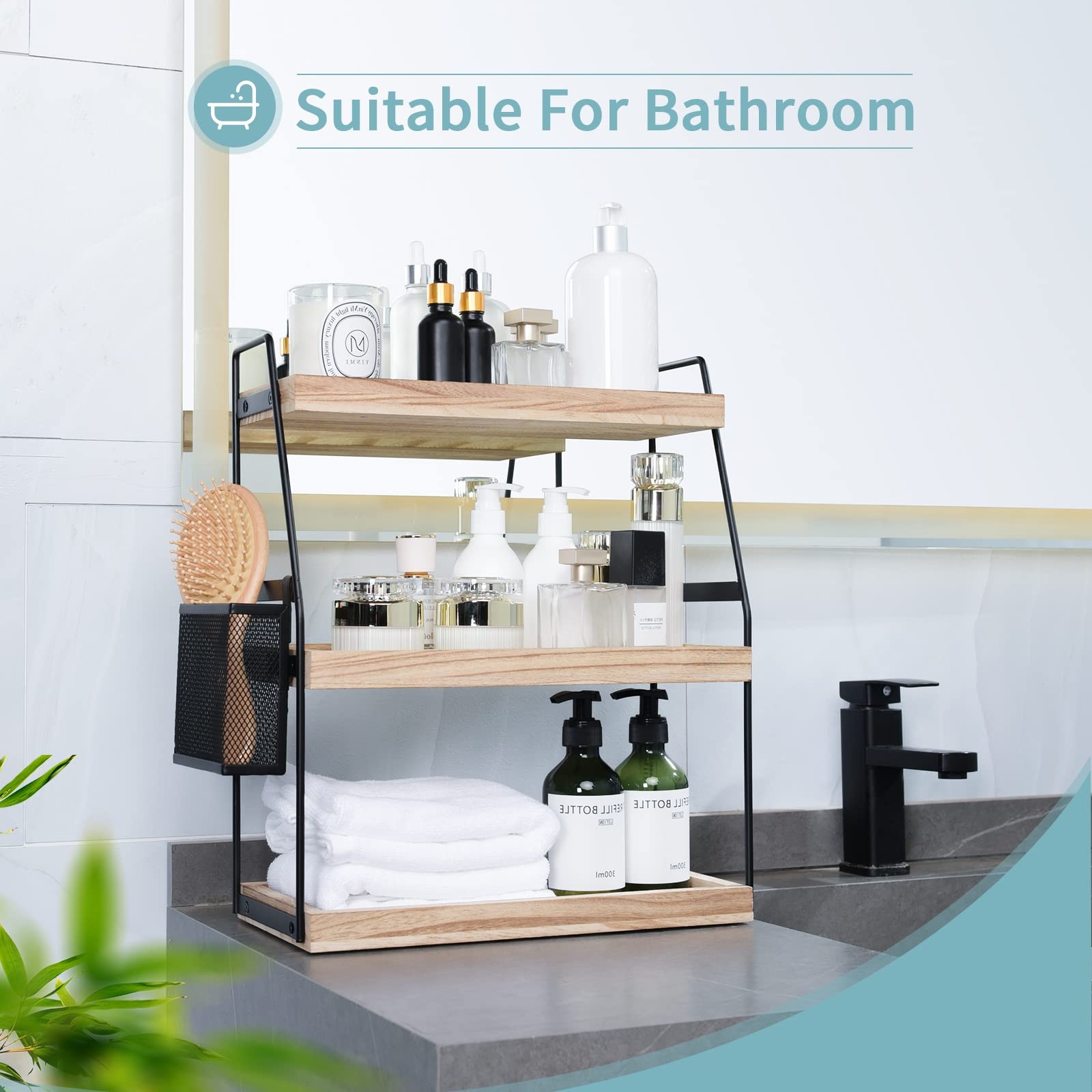Bathroom Organizer Countertop 3tier Standing Counter Shelf With Basket Wood Tray gallery