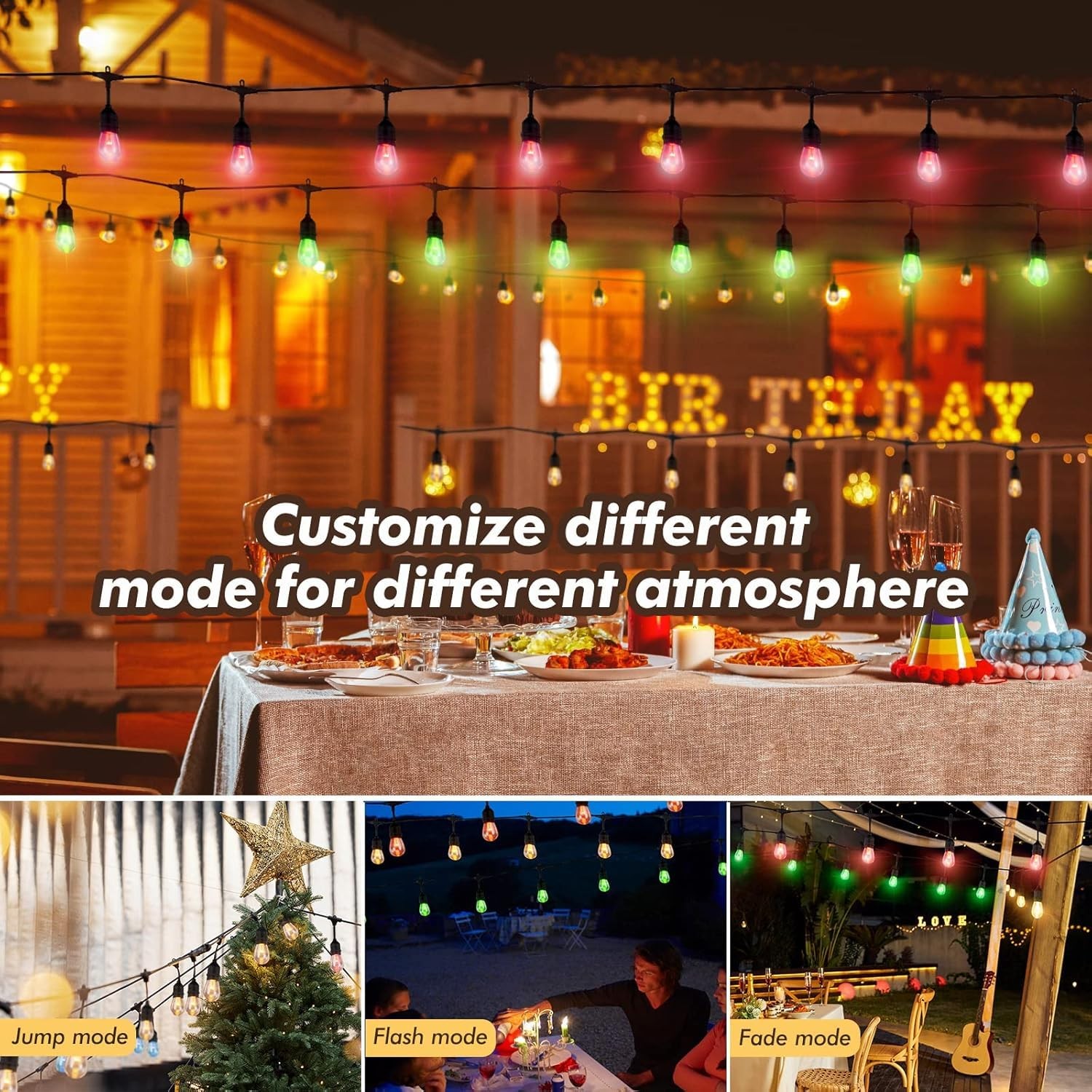 24FT RGB Outdoor String Lights, Dimmable Color Changing Waterproof LED Patio ... gallery