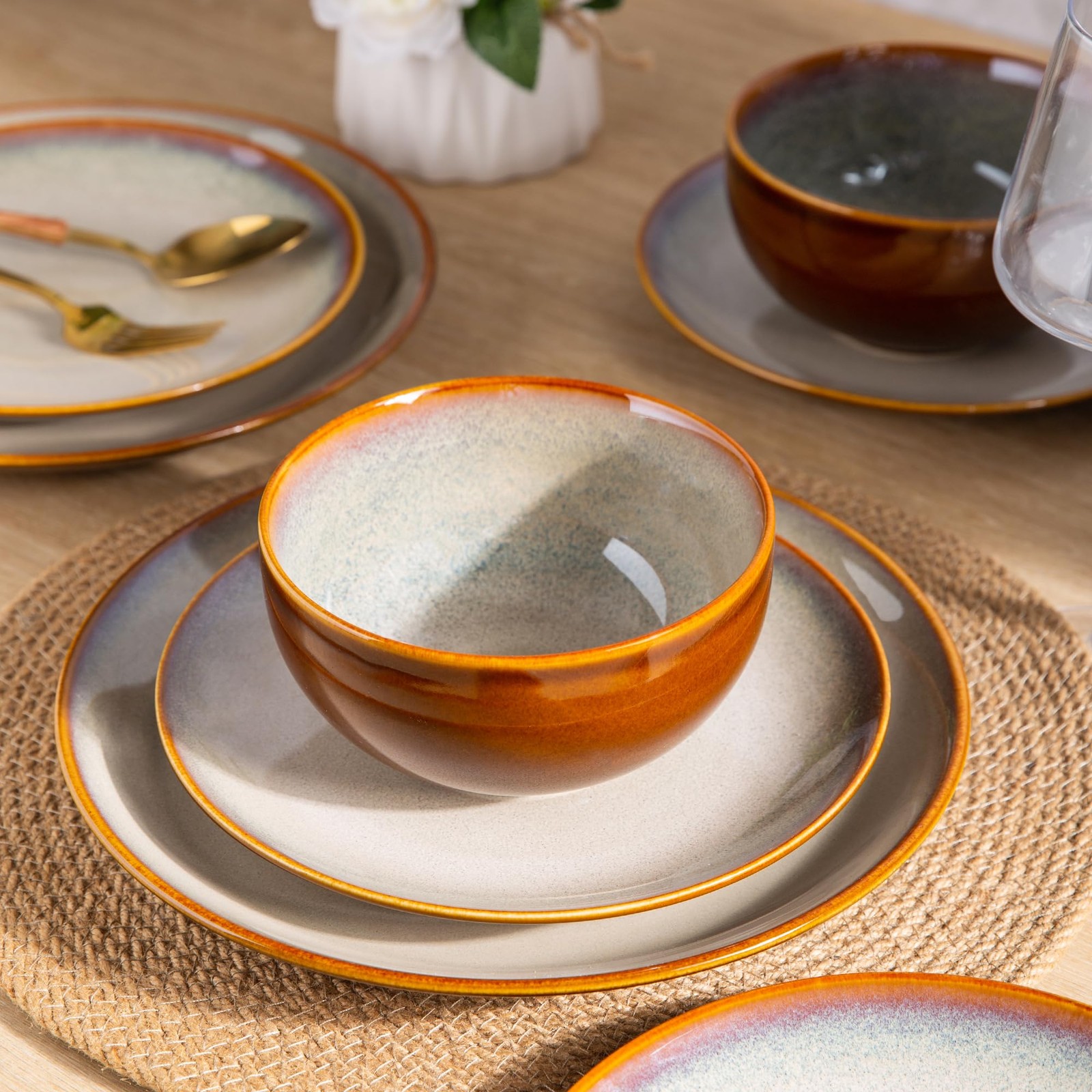 Ceramic Dinnerware Set Service for 8 24PCS Stoneware Plates Bowls Kahki LERATIO gallery