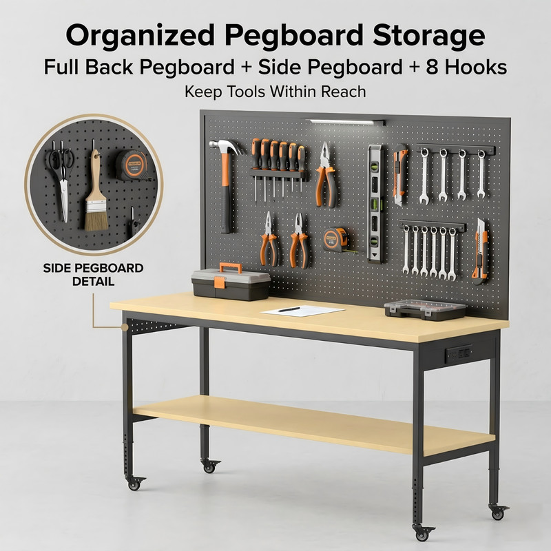 60" Garage Workbench 2000LBS w/ Pegboard LED Light Adjustable Rolling Table gallery