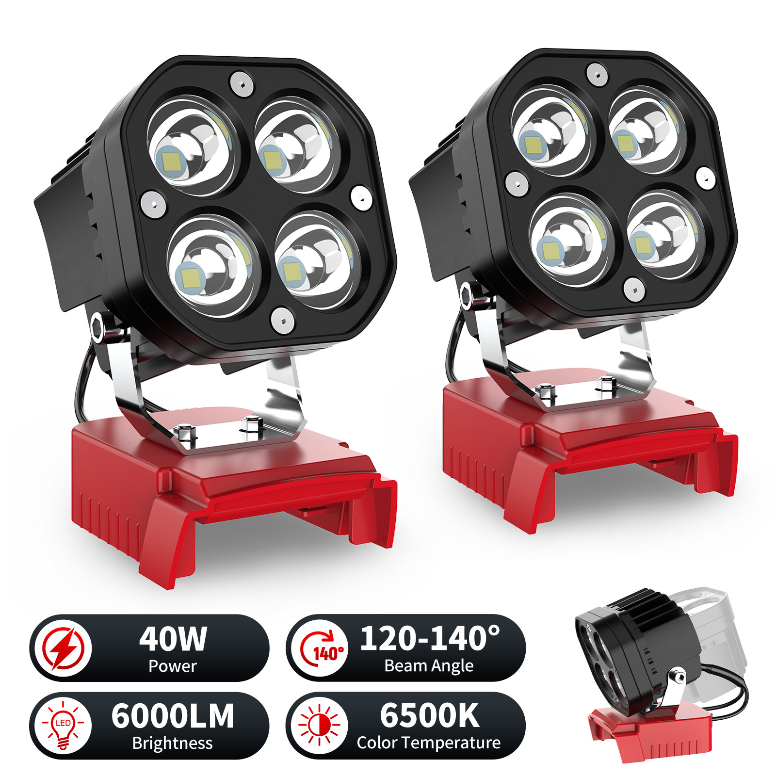 2 Pack 40W LED Work Light Compatible with Milwaukee 18V Battery 6000lm 6500k gallery