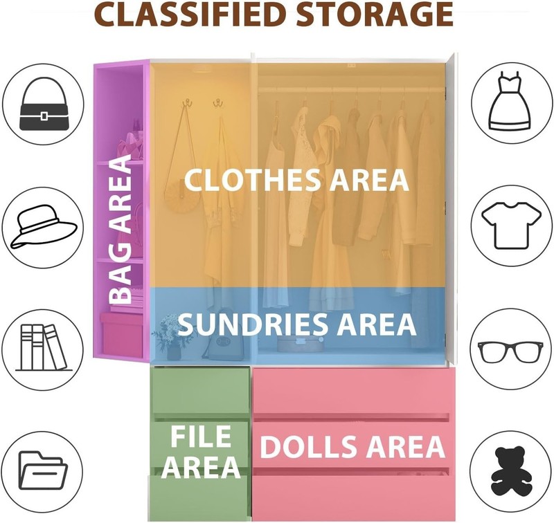Wardrobe Closet with LED Mirror & 6 Drawers, Large Storage Cabinet with Hang Rod gallery