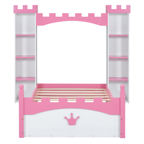 Castle-Shaped Platform Bed with Storage Shelves Both Side Wooden Bed Frames Twin gallery