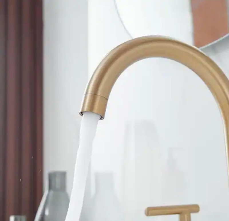 BWE Widespread Double Handle High-Arc Bathroom Faucet w/ Drain Kit Brushed Gold gallery