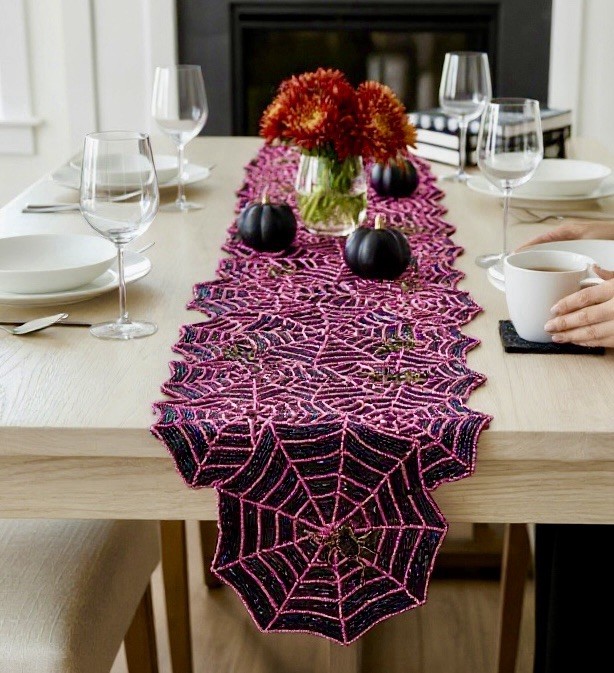 HAPPY HAUNTING Halloween Beaded Table Runner Pink Black Spider Web 13"X 36" NWT gallery