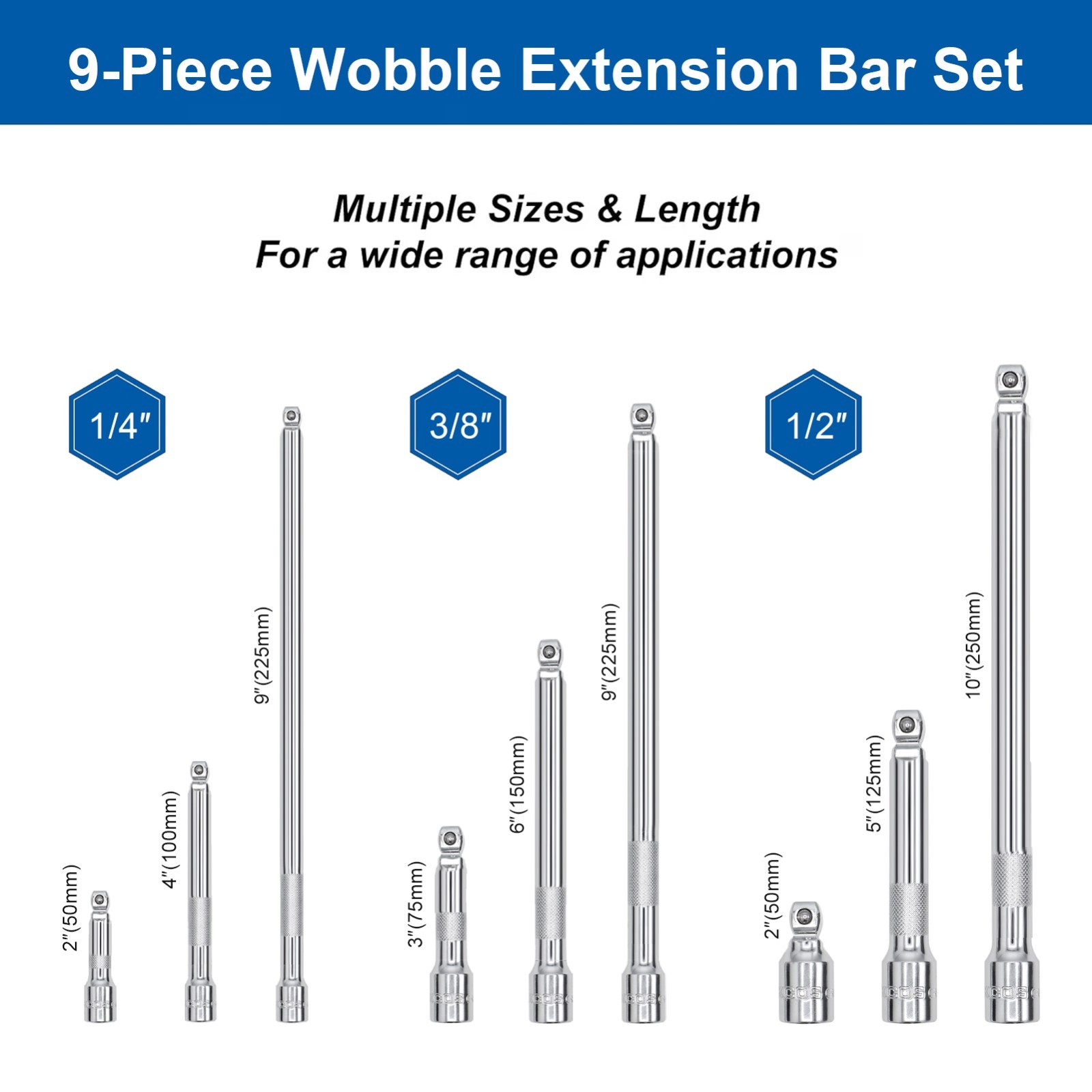 DAKCOS 9 Pieces Wobble Extension Bar Set Hand Tool Set Kit Box 1/4", 1/2", 3/8" gallery