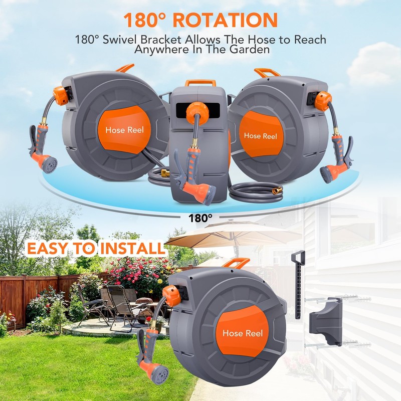 1/2 in x 72 ft Wall Mounted Retractable Garden Hose Reel w/ 9 Function Sprayer gallery