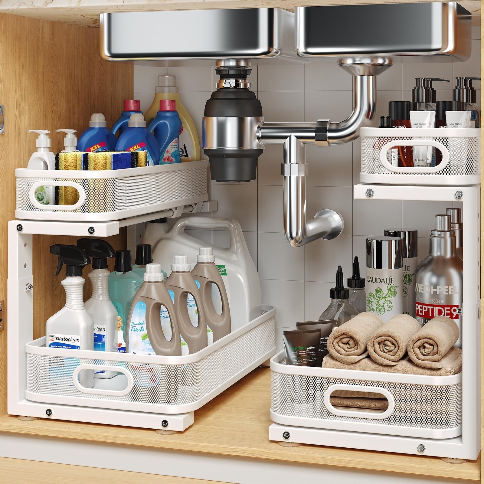 2 Pack Under Sink 2-Tier Pull Out Cabinet Organizer, Height Adjustable, White gallery