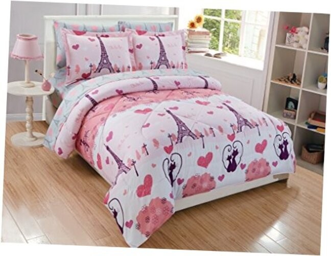 Linen Plus Comforter Set for Girls/Teens Paris Eiffel Tower Hearts Grey Queen gallery