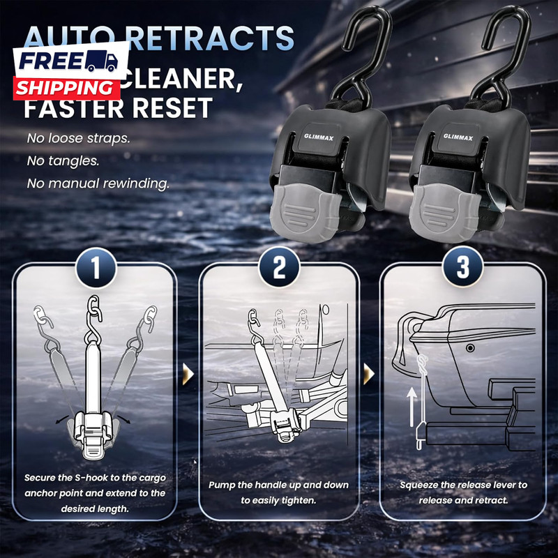 Retractable Boat Transom Tie down Straps 2 X 43 Inch 2500 Lbs Break Strength 833 gallery