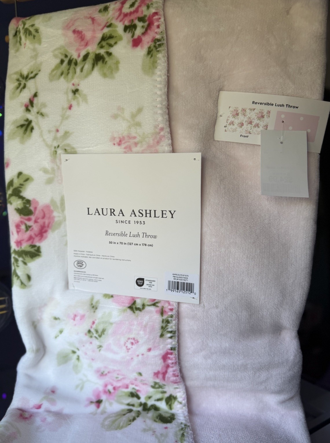 Laura Ashley Soft Reversible Lush Throw Pink Floral Rose Polka Dot 50” x 70” gallery
