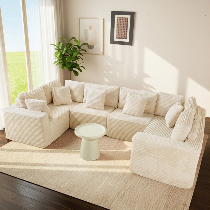 135" Beige Corduroy U-Shaped Modular Sofa 6-Seat Reversible Chaise Easy Assembly gallery