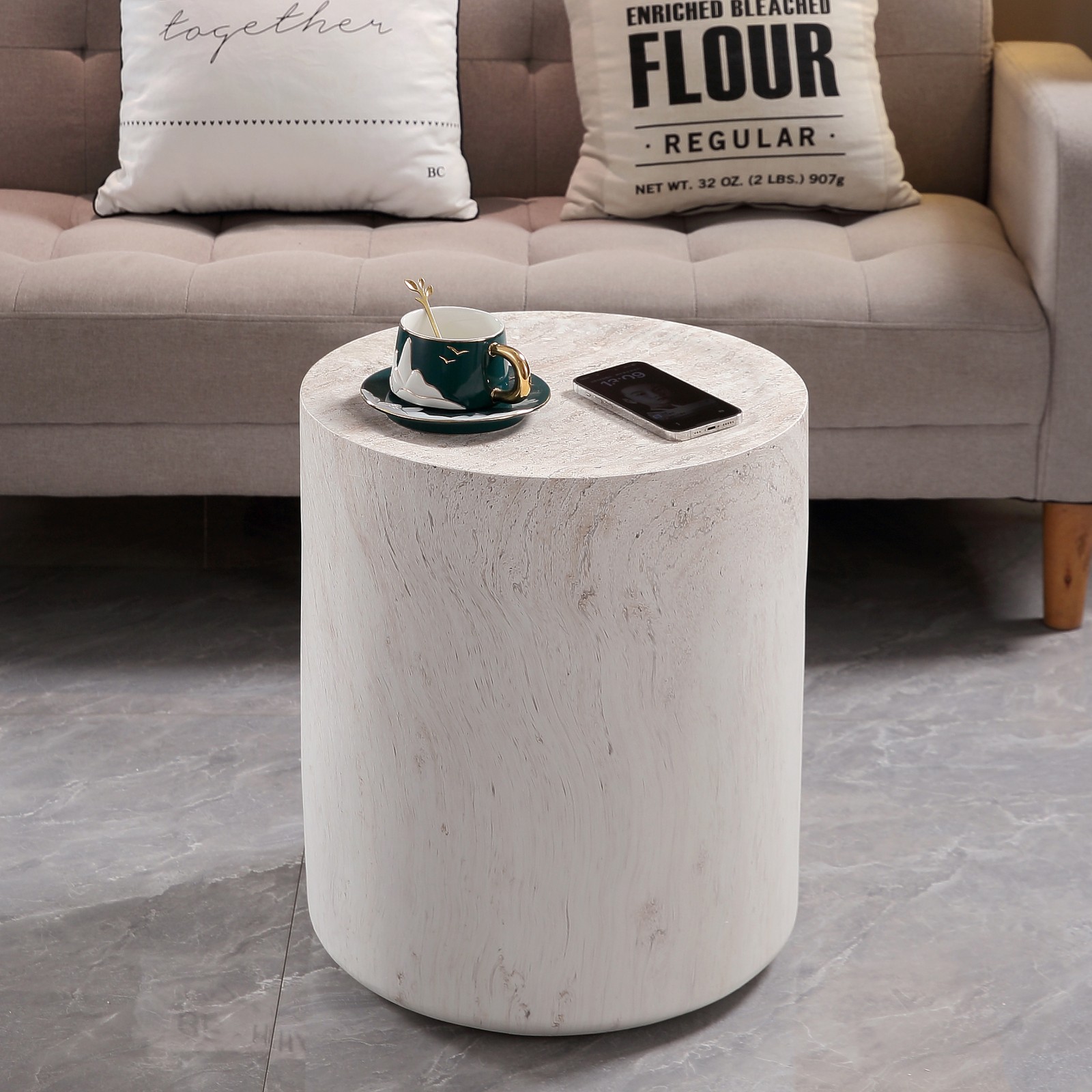 Magnesium Oxide Side Table 15.75" Round, Sturdy & Waterproof, Light Travertine gallery