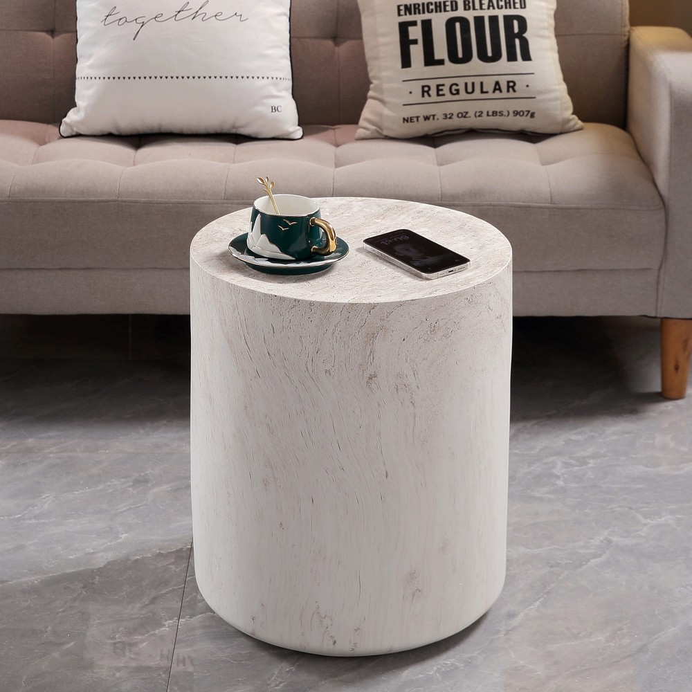 Magnesium Oxide Side Table 15.75" Round, Sturdy & Waterproof, Light Travertine