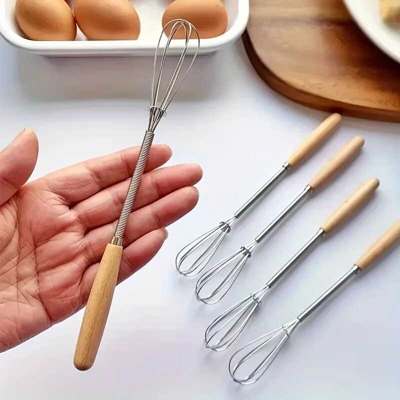 3Pcs Whisk With Solid Wood Handle Kitchen Mini Stainless Steel Egg Beater gallery