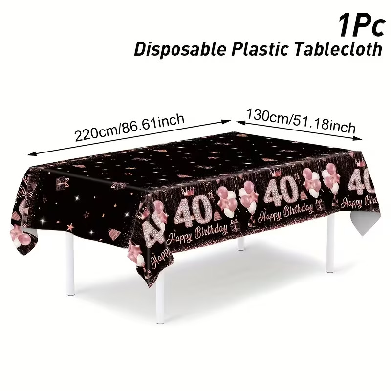 Disposable Black & Pink 40th Birthday Plastic Table Cloth 220x130cm gallery