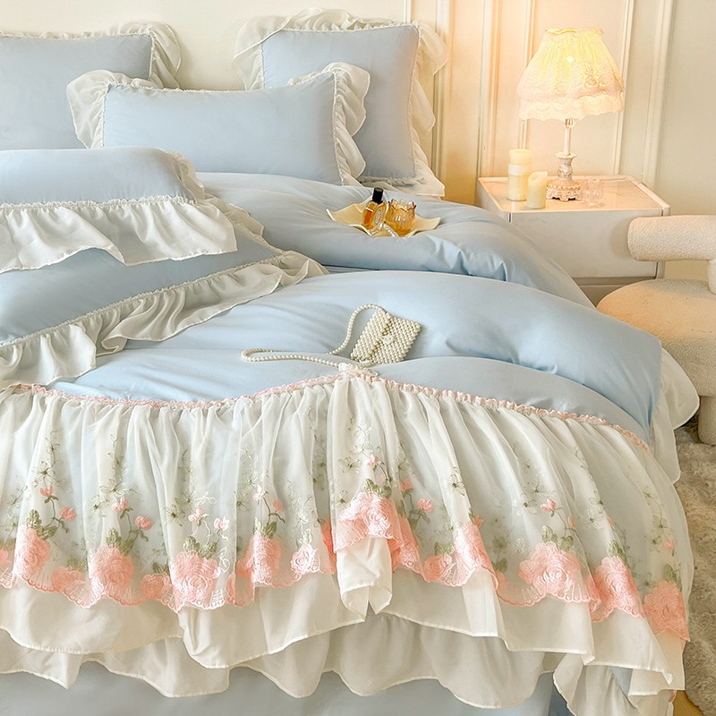 4pcs/lot Bedding Set Lace Cotton Embroidery Flowers Duvet Cover Flat Sheet Set gallery