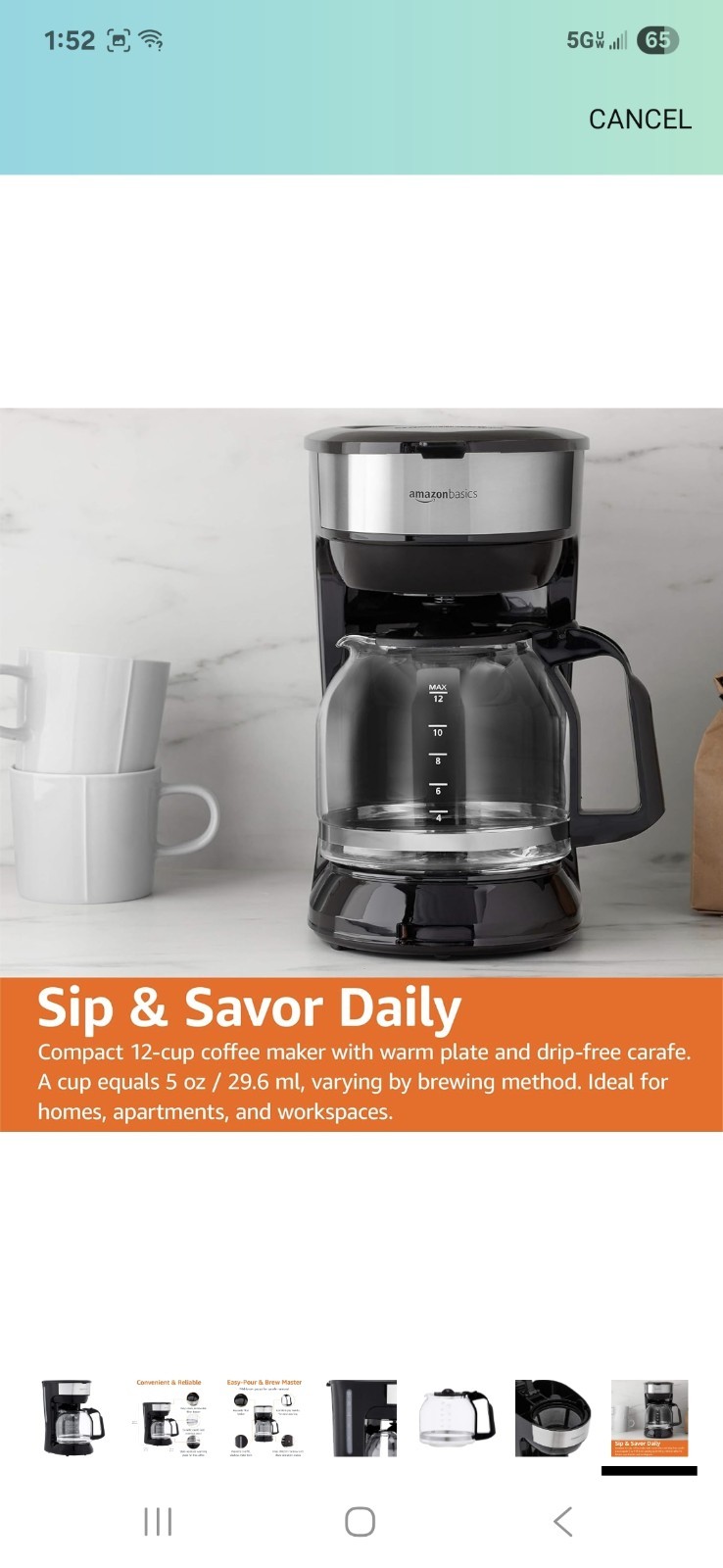 Mainstays 5 Cup Black Coffee Maker - Black gallery