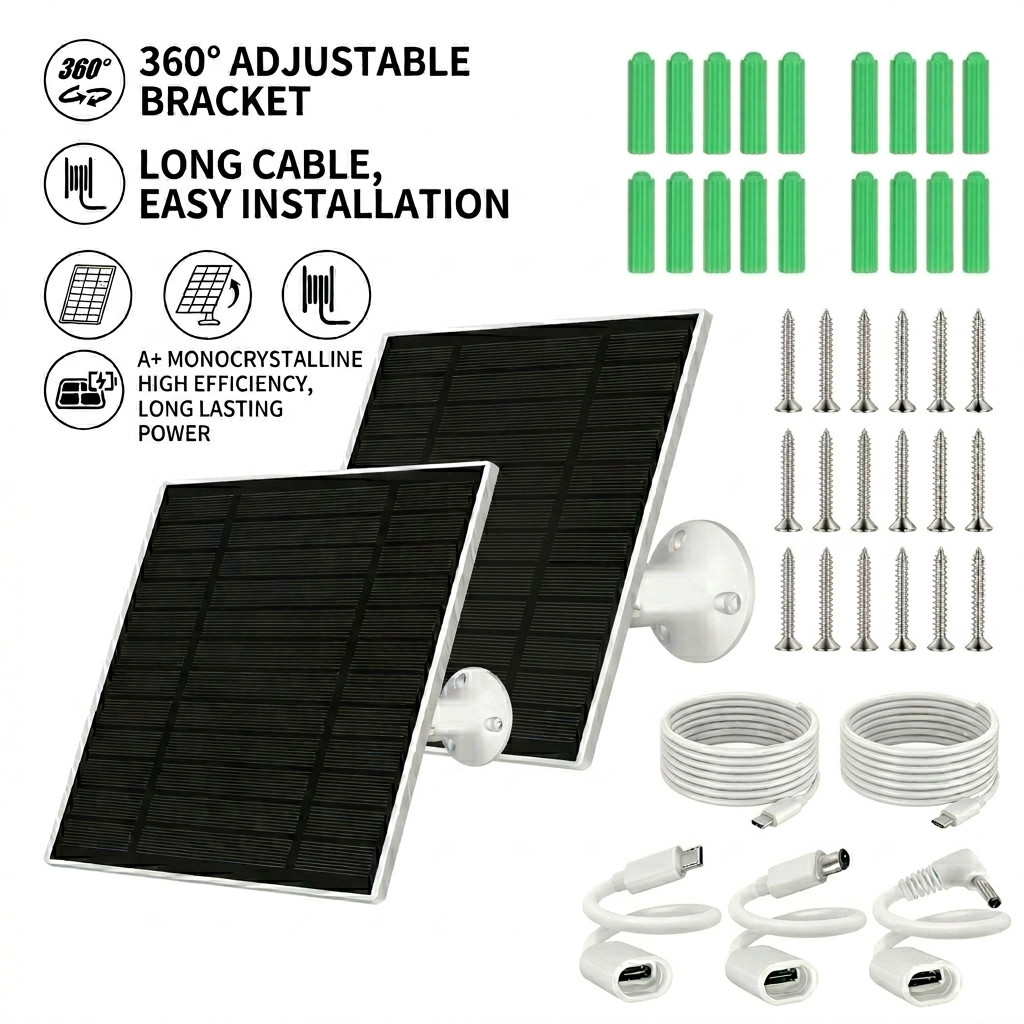 Solar Panel for Security Camera, 2 Pack 5W Solar Charger with Micro USB & USB-C gallery