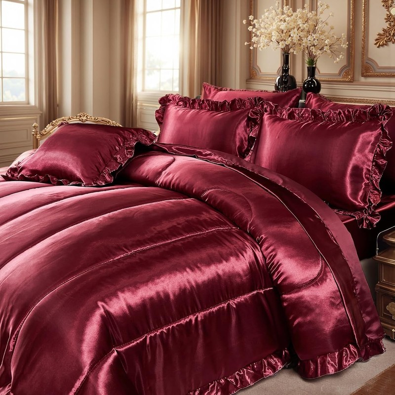 Silk Like Satin Comforter Set with Sheet Set King 8 Pcs Burgundy Satin Bedding S gallery