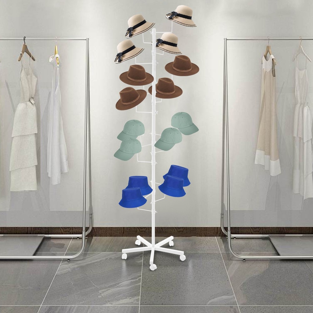 16 Hooks White Hat Rack Free Standing Coat Rack Hang Stand W/ Universal Wheel
