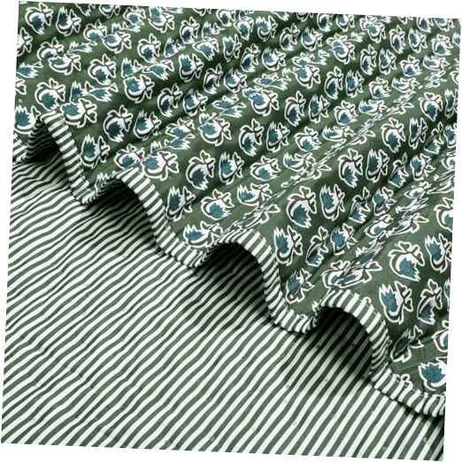 Block Print Quilted Basil Green Throw Reversible Blanket 60 x 90 Inches Cotton