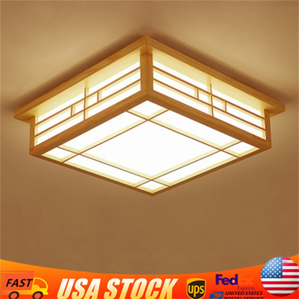 LED Wood Square Tatami Ceiling Lamp Fixture Chinese Japanese Grid Light w/Remote gallery