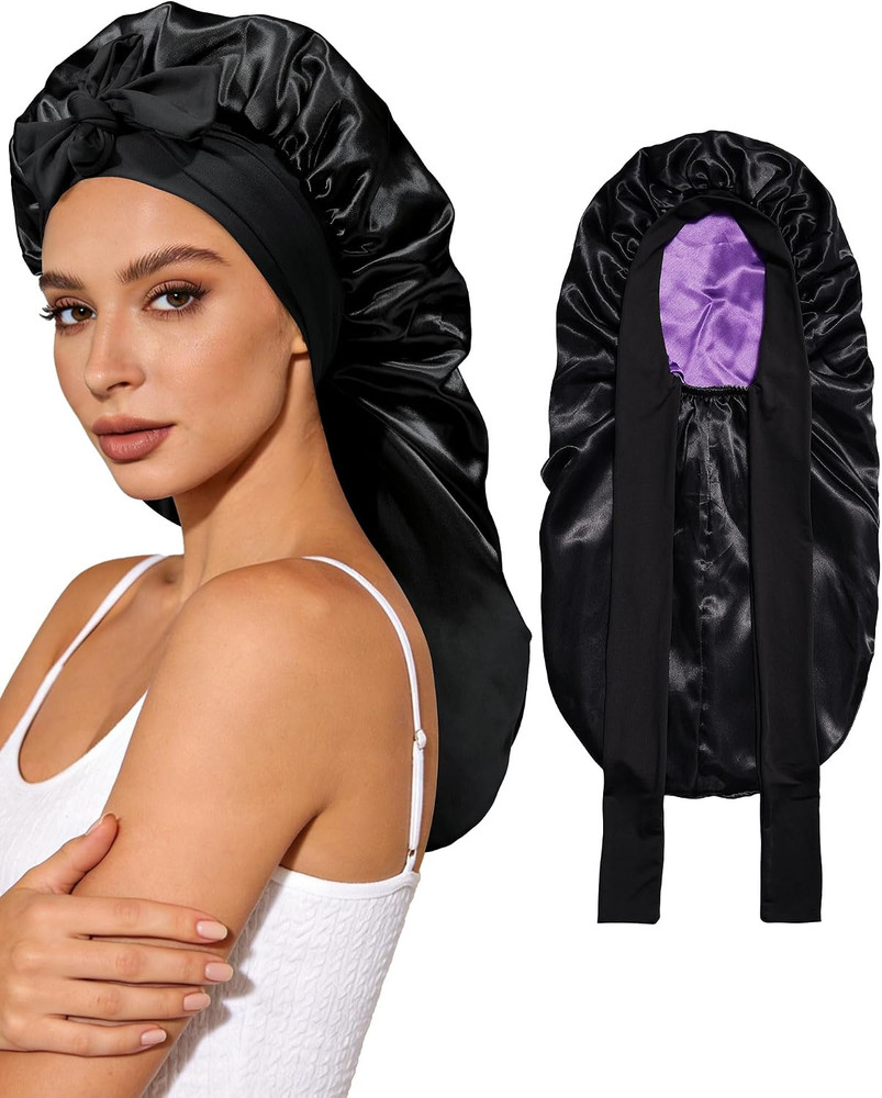 Long Satin Bonnet for Sleeping - Double Layer Reversible Silk Bonnet for Long Ha