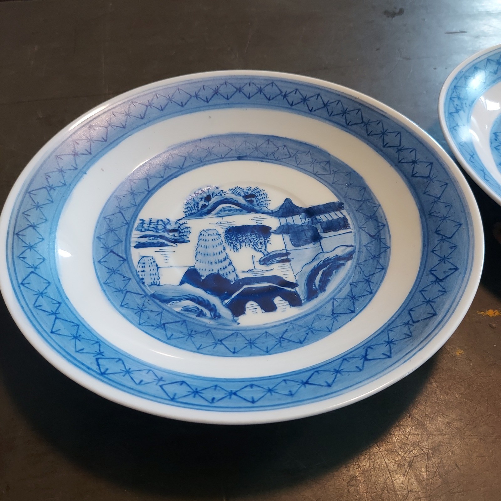 OMANN Old Canton Hand Painted Blue White Porcelain Saucers Set of 2 MCMLXXX 1980 gallery